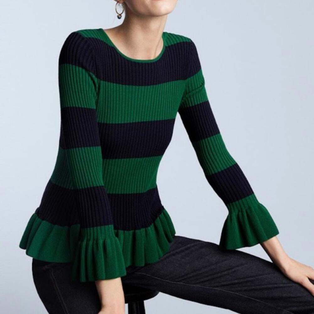 Ann Taylor Green Navy Blue Rib Knit Striped Bell Sleeve Sweater NWT